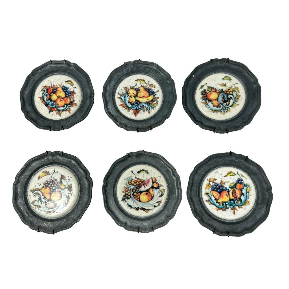 Vintage Pewter Coasters Ceramic Fruit Design Inserts Wall Decor Set of 6 READ
